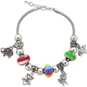 Silvertone Zoo Theme Charm and Glass Beads Bracelet with Extender, 7.5"