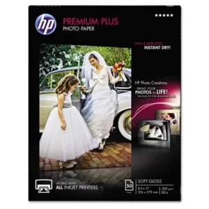 HP Premium Plus Photo Paper, 11.5 mil, 8.5 x 11, Soft-Gloss White, 50/Pack -HEWCR667A