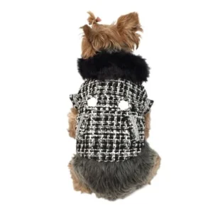 Black/White Faux Fur Collared Fashion Trench Coat Warm Winter Apparel for Puppy Dog Clothing Clothess - Large (Gift for Pet)
