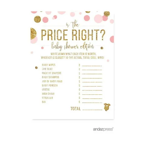Is the Price Right Game Blush Pink Gold Glitter Baby Shower Games, 20-Pack