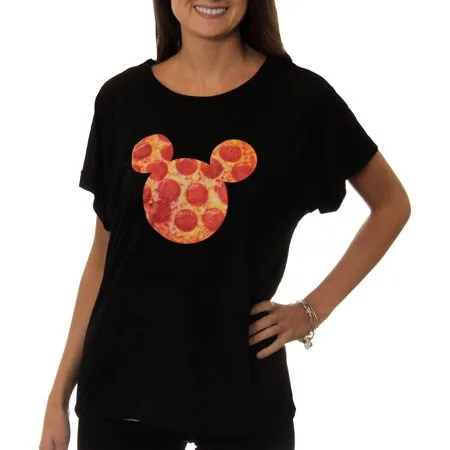 Disney Women's Mickey Mouse Pizza Sillohuette Graphic Hi-Low T-Shirt