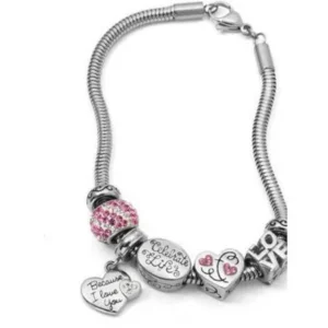 Connections from Hallmark Multi-Crystal Stainless Steel "I Love You" Charm Bracelet Set