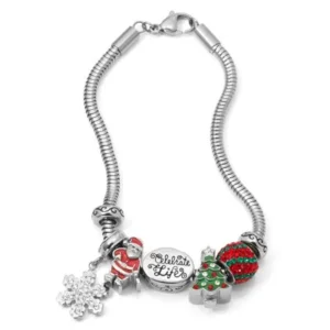 Crystal Stainless Steel Celebrate Life Christmas Charm Bracelet Set