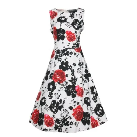 Nlife Women Classy Vintage 1950â€™s Floral Spring Hepburn Style Garden Party Dress