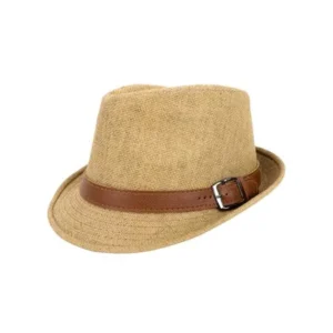 Men Women's Vintage UV Sun Protective Straw Fedora Hat,Khaki Hat Brown Belt,59cm