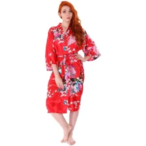 Women's Kimono Robes Peacock Blossoms Silk Satin Long Nightgown Sleepwear,Pruple