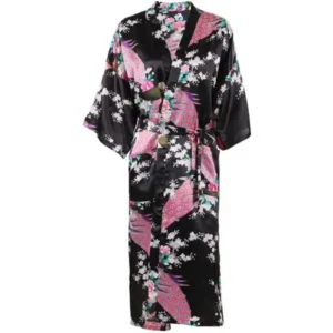 Women's Kimono Robes Peacock Blossoms Silk Satin Long Nightgown Sleepwear, Black