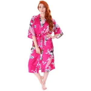 Women's Kimono Robes Peacock Blossoms Silk Satin Long Nightgown Sleepwear, Rose