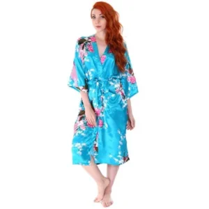 Kimono Robes Peacock Blossoms Silk Satin Long Nightgown Sleepwear, Lake Blue