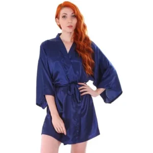 Women's Silk Satin Short Bridal Kimono Robe Sleepwear Bathrobe, Dark Blue