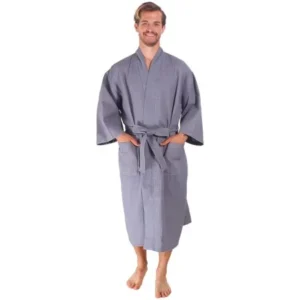 100% Cotton Lightweight Waffle Weave Kimono Robe Bathrobe, Grey