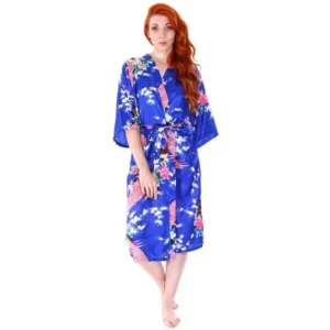 Women's Kimono Robes Peacock Blossoms Silk Satin Long Nightgown Sleepwear, Blue