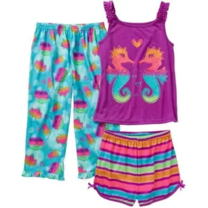 Komar Kids Girls' 3 Piece Sleepwear Set Sea Horse Short Set with Print Pant, Aqua, Size: X-Large