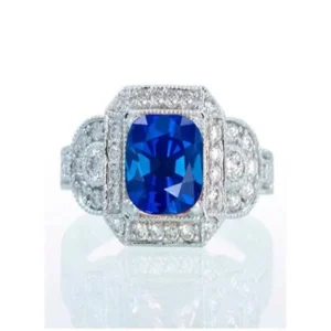 1.5 Carat Vintage Princess Cut Sapphire and Diamond Designer Halo Engagement Ring on 10k White Gold