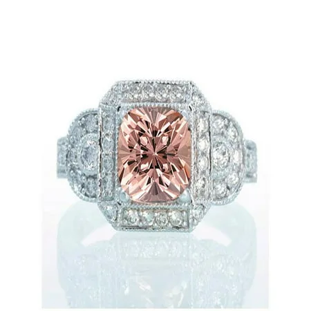 1.5 Carat Vintage Princess Cut Morganite and Diamond Designer Halo Engagement Ring on 10k White Gold
