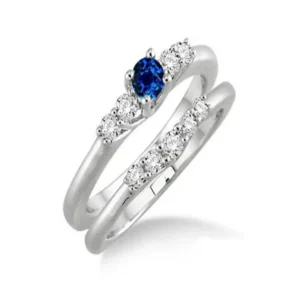 1.25 Carat Sapphire and Diamond Inexpensive Bridal Set in 14k White Gold affordable sapphire & diamond engagement ring