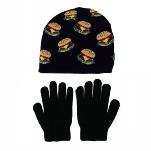 Nolan Unisex Boys or Girls Knit Hamburger Winter Beanie Hat and Glove Set Kids 4-16