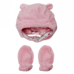 Little Me Baby Girls Fleece Winter Hat with Chin Strap and Mittens Newborn Pink 12-24