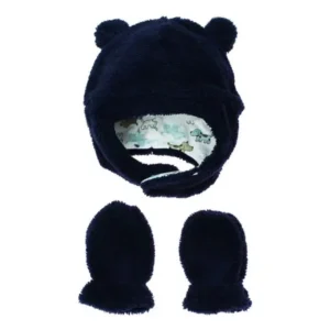 Little Me Baby Boys Fleece Winter Hat with Chin Strap and Mittens Navy Blue 3-9