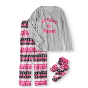 Gyrl Co Girls' T-Shirt, Micro-Fleece Pants and Slipper Socks 3-Piece Sleepwear Set