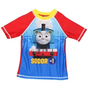 Thomas & Friends Boys Rash Guard Swimwear Top (3T, Sodor Blue/Red)