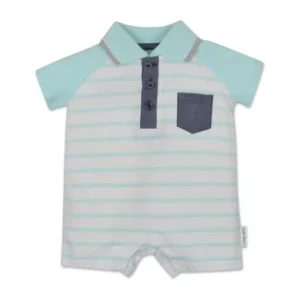 Cherokee Baby Boys' Romper with Fashion Collar and Buttons - White with Blue Stripes, 3-6 Months