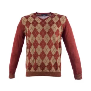 Pal Zileri Men's Argyle V-Neck Sweater IT 50 Burnt Sienna & Tan