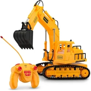 remote control excavator toy truck with flashing lights and sfx - includes transmitter and battery charger| battery operated rc toy construction vehicle for kids with cool sound effects | lighting