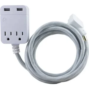 GE Pro Designer Extension Cord, 10', 2 Outlets + 2 USB, 2.4A, Gray/White