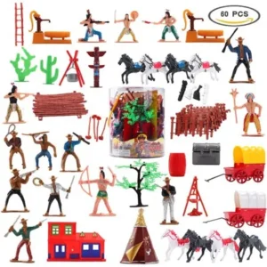 Wild West Cowboys Indians Soldiers Figures Toy for Kids Plastic Figures Play set Gift Bucket Play set, Boy's War Game Educational Party Toy 60 PCs F-08