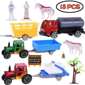 Boy Toy Car Farmer Truck Role Play Action Figure Diecast Vehicle Tow Trailer Play Set for Party Favors with Animals, Farmers, Wagons, Trucks, Accessories 13PCs F-79