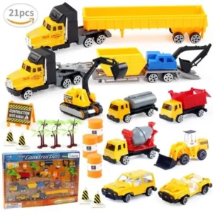 Car Vehicle Toys Birthday Party Educational Set with Diggers, Mixing Truck, Construction Trucks, Helicopter, and Accessories 20 PCs F-65