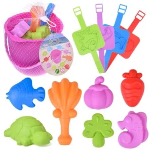 Pink Beach Sand Toy Tool Set for Kids Colorful Play Set Assorted Gift with Sea Creatures and Watch Molds,Bucket 12 PCs F-53