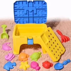 Beach Sand Toys with Chair Box for Kids Gift Colorful Play Set for Summer Outdoor Activities Sand Tools Pack with Sea Creatures Molds Shovels Rakes 12 PCs (Blue) F-56