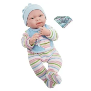 JC Toys La Newborn 15" All-Vinyl La Newborn Doll in multi-colored striped knitted pajama w/ bib. REAL BOY!