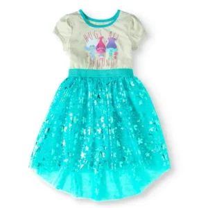 Girls' Glitter Graphic Short Sleeve Mesh Dress With Foil Flower Print