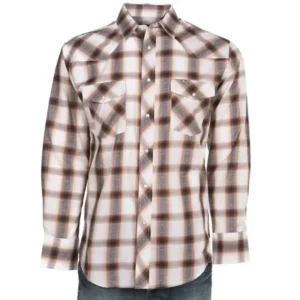 Mens Brown Plaid Snap Shirt