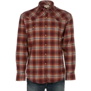 Mens Orange Plaid Long Sleeve Snap Shirt