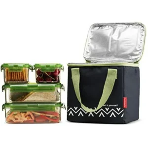 Komax Lunchmate Bento Lunch Bag and Box Kit - 1 Insulated Bag with 4 Reusable Tritan Food Storage Containers - Dishwasher, Freezer and Microwave Safe Bpa Free Plastic With Locking Lids