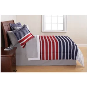 Mainstays 6-8 Piece Red and Blue Stripe Bed in a Bag with Sheets, Twin