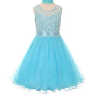 Flower Girl Dress Tulle Wired Dress with Scarf & Satin Ribbon for Little Girl Aqua 10 CC.5002