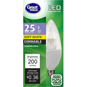 Great Value LED Light Bulb, 3W (25W Equivalent) B11 Decorative Lamp E12 Candelabra Base, Dimmable, Soft White