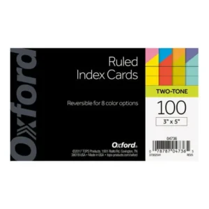 OxfordÂ® Two-Tone Index Cards, 3" x 5", Assorted Colors, Ruled on One Side, 100 per Pack