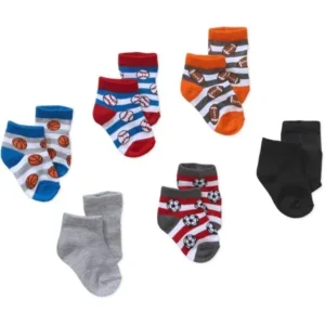 Newborn to Toddler Baby Boy Shorty Baseball Print Socks, 6-Pack Ages 0-5T