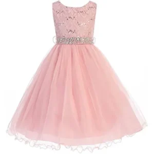 Big Girls' Lace Sequin Top Rhinestone Belt Flowers Girls Dresses Blush 10 (J36K70)