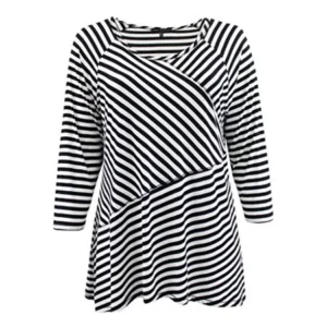 Plus Size Women Asymmetrical Stripes Knit Sweater Top Shirt Blouse Black White 3X (16.008)