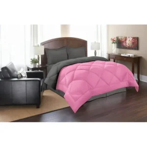 Down Alternative 3pc Comforter Set-Full/Queen, Pink/Gray