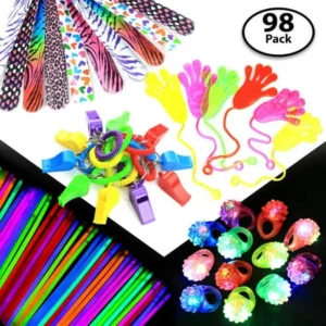 98-pcs Party Gift Favors Set for Kids â€“ 50x Glow Sticks + 12x Whistles +12x Slap Bands + 12x Flashing Rings - Great Party Prizes for Birthday, Loot Bags, Classrooms, Grab Bags, Doctor Office