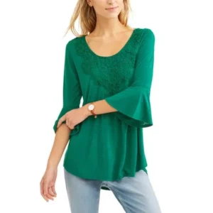 Faded Glory Women's Long Sleeve Lace Front Peasant Top with Bell Sleeves