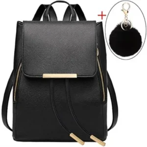 Black Faux Leather Backpack for Girls Schoolbag Casual Daypack (Black with Keychain)